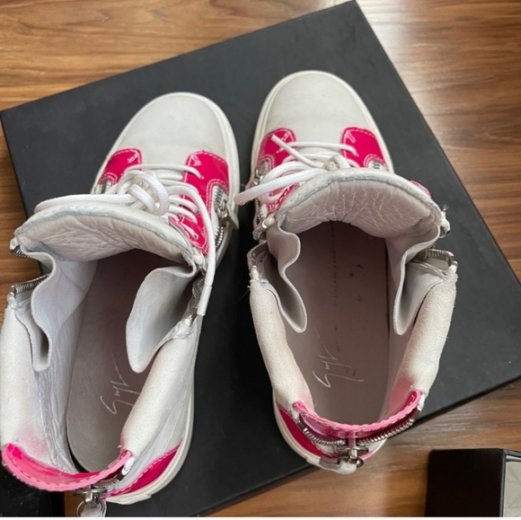 White w/ bright pink accents Giuseppe Zanotti high top sneakers size 39.5 - Picture 2 of 12